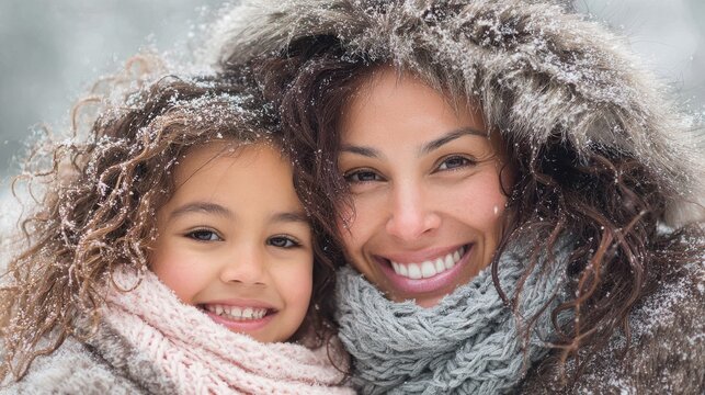 happy latin mother and daughter having fun during winter time  focus on mom face no logos no brands ar 169