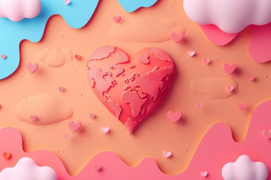 Heart shaped world representing global love and unity, surrounded by small hearts and clouds on a pastel pink and blue background - Powered by Adobe