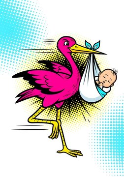 Pink Stork Rushes Delivering Baby in Pop Art Style