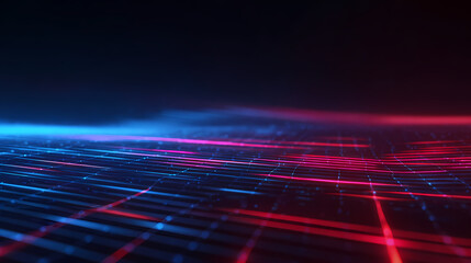 Abstract digital landscape with red and blue neon lights creating a futuristic grid pattern 