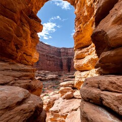 Narrow sandstone walls form a stunning natural archway framing a vibrant blue sky above the canyon