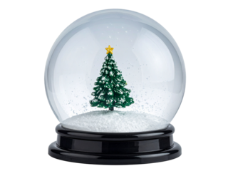A lone festive snow globe with a miniature decorated christmas tree and falling snow inside isolated on transparent background
