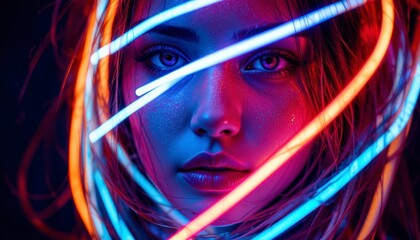 A mesmerizing closeup of a womans face illuminated by vibrant neon lights, creating a futuristic and captivating portrait with a surreal atmosphere