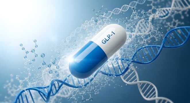 Glp-1 pill amidst dna strands symbolizes modern metabolic weight loss methods.