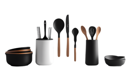 Modern kitchen utensils displayed in stylish containers, showcasing a minimalist design aesthetic
