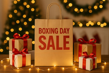 Boxing day sale shopping bag surrounded by festive christmas presents and warm, glowing string lights against a blurred holiday background