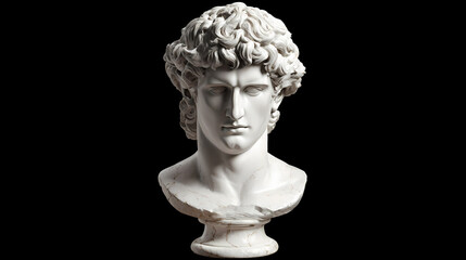 A marble sculpture bust of a man with curly hair and a strong gaze, a classic work of art. The sculpture exudes a sense of strength and serenity