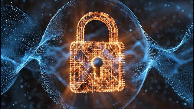 Digital Security Lock with Abstract Blue Waves and Particles. - Powered by Adobe