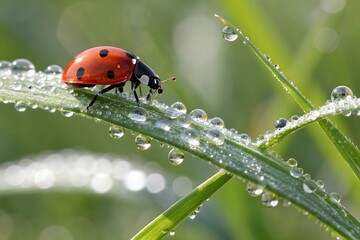 Obraz premium Ladybug with water droplets on a blade of grass in the morning light