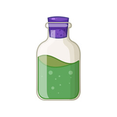 A liquid green potion in a glass bottle with a purple stopper, isolated on a white background, perfect for creative projects