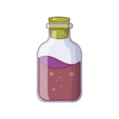 Glass bottle with cork stopper filled with purple liquid and small bubbles, isolated on white background