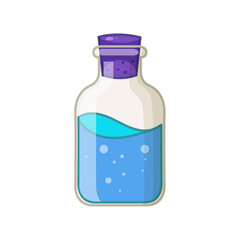 A potion bottle filled with blue liquid and tiny bubbles, sealed with a purple stopper, isolated on white
