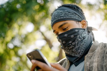 Bandana Facemask. Adult Male Outdoors Using Smartphone with Head Bandana and Facemask