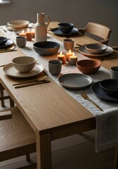 A beautifully set wooden table for an intimate dinner