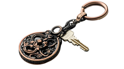 Ornate keychain with intricate design and a vintage key, set against a minimalist background