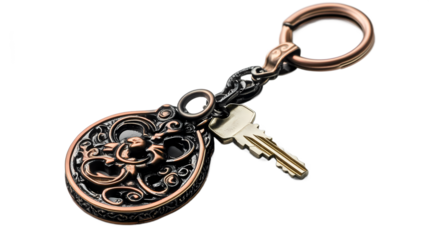 Ornate keychain with intricate design and a vintage key, set against a minimalist background
