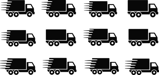 Fast Delivery Trucks on White Background Promoting Shipping Services, Logistics and Distribution in Modern Business and E-Commerce, Express Transportation, Freight, Graphic Resource, Minimalist Design