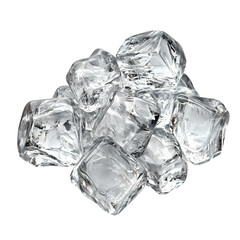 Pile of crystal-clear ice cubes glistening under bright light, ideal for beverage presentations