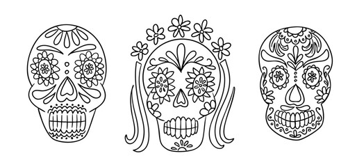 Set of hand drawn sugar skulls with floral decorations and ornate line art, black outline on white background. Concept of mexican holiday, day of the dead and cultural art design