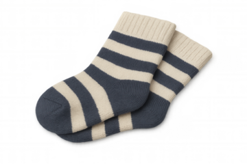 Pair of striped knitted socks in blue and white colors, comfortable fabric for kids and adults, isolated on transparent background