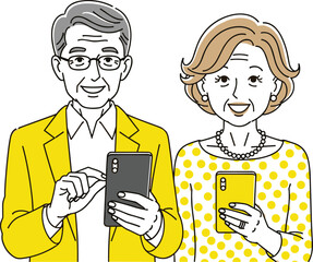 Smiling Senior Couple Using Smartphones for Communication and Connection in Retirement, Modern Lifestyle with Technology for Aging Adults, Connecting with Family and Friends, Digital Engagement,  Soci
