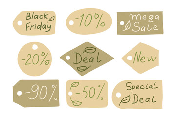 Set of eco hand drawn sale tags with green text and leaf elements on beige background, organic style vector illustration. Concept of sustainable shopping, eco marketing and natural design