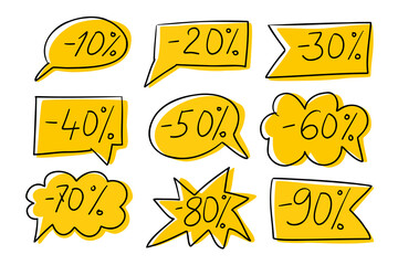 Set of hand drawn yellow discount badges with different percentage signs on white background, playful doodle speech bubbles. Concept of sale, marketing and promotion design