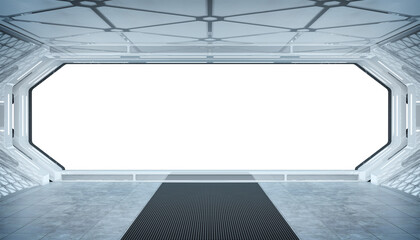 Naklejka na ściany i meble Futuristic bright starship with glowing lights. 3D rendering. White spaceship interior with isolated cut out transparent window