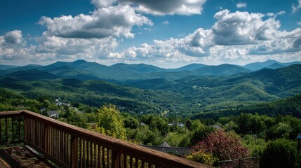 Black Mountain, NC. Cloudy Appalachian Mountain Landscape View with Porch Railing