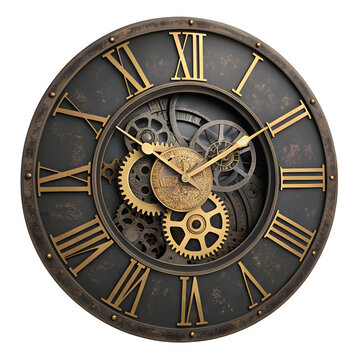 Industrial Steampunk Clock Face with Exposed Gears and Golden Roman Numerals