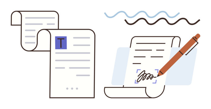 Paper sheets with text, editing marks, and pen in action. Ideal for writing, editing, content creation, communication, publishing education digital tools. Modern simple flat metaphor