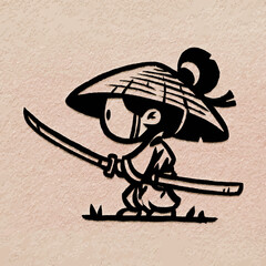 Cartoon samurai character with katana sword and traditional hat