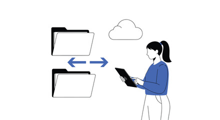 Woman Analyzing Cloud Data Transfer on Tablet Device for Remote File Management in Modern Business Setting, Depicting Technology, Innovation, Connectivity, and Secure Information Exchange for Corporat