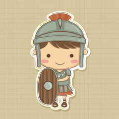 Cartoon roman soldier illustration with shield and helmet on neutral backdrop