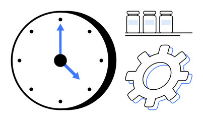 Clock with blue hands, gear symbolizing process, jars on shelf signifying storage. Ideal for time management, productivity, organization, workflow, planning, efficiency simple flat metaphor