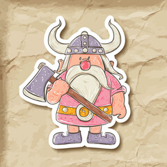 Cartoon viking character holding axe against textured paper background