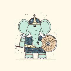 Cartoon elephant warrior in armor holding shield and spear on cream background