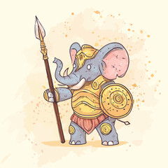 Cartoon elephant warrior with spear and shield on watercolor background