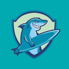 Cartoon shark surfing with surfboard on a crest icon illustration