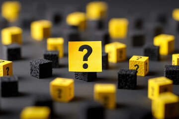 Yellow question mark on a yellow sticky note, surrounded by black cubes with other question marks on them