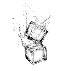 Splashing ice cubes creating dynamic water droplets in a clear background, perfect for beverage visuals