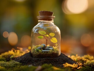 Stunning miniature ecosystem with vibrant plant growing inside glass jar, perfect for eco-conscious brands promoting sustainability and environmental awareness