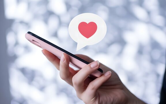 Social media and online love communication concept with person holding smartphone displaying heart chat icon symbolizing digital connection and affection