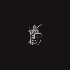 Knight with sword and shield emblem isolated on black background design