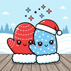 Cute Christmas Mittens Couple Illustration, Perfect for Festive Winter Holiday Designs and Cards