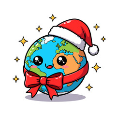 Cute Christmas Earth Wearing Santa Hat and Bow Tie, Celebrating Holidays with Sparkles and Stars