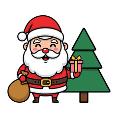 Cute cartoon Santa Claus holding a gift bag and a Christmas tree, celebrating the festive holiday season with joy and merriment