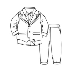 A detailed illustration of a boys formal suit, including a blazer, trousers, and a bow tie, suitable for weddings or parties.