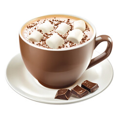 Warm cup of hot chocolate topped with marshmallows, placed on a saucer with chocolate pieces nearby