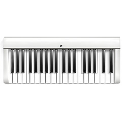 White keyboard with black keys arranged for music production, set against a minimalist backdrop